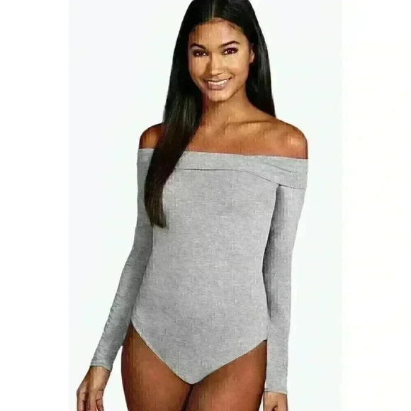 NEW Boohoo Women's Ladies Simone Off The Shoulder Bodysuit Grey Size 8 US - Picture 1 of 9